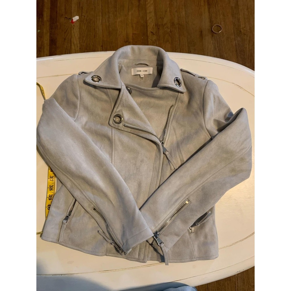 JOHN‎ + JENN Faux Suede Moto Jacket Light Grey Zip Buckle Accents Size S